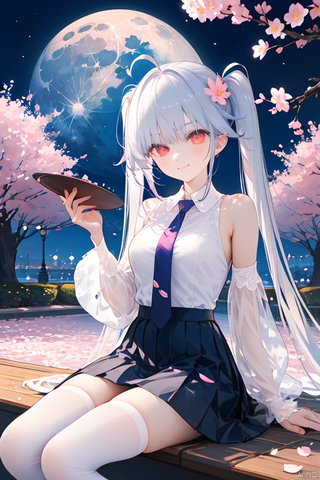  nai3,1girl,white hair,red eyes,,skirt, long_hair, cherry_blossoms, thighhighs, necktie, shirt, twintails, detached_sleeves, smile, hair_ornament, pleated_skirt, sitting, moon, holding_flower, holding, very_long_hair, in_tree, night, flower, petals, white_shirt, blush, sleeveless_shirt, closed_mouth, collared_shirt, full_moon, sleeveless, bangs, looking_at_viewer, sitting_in_tree, sky, ahoge, night_sky, breasts, pink_flower, bare_shoulders, tree, miniskirt, long_sleeves, branch, medium_breasts, , star_\(sky\), outdoors, feet_out_of_frame, blurry,best quality, amazing quality, very aesthetic