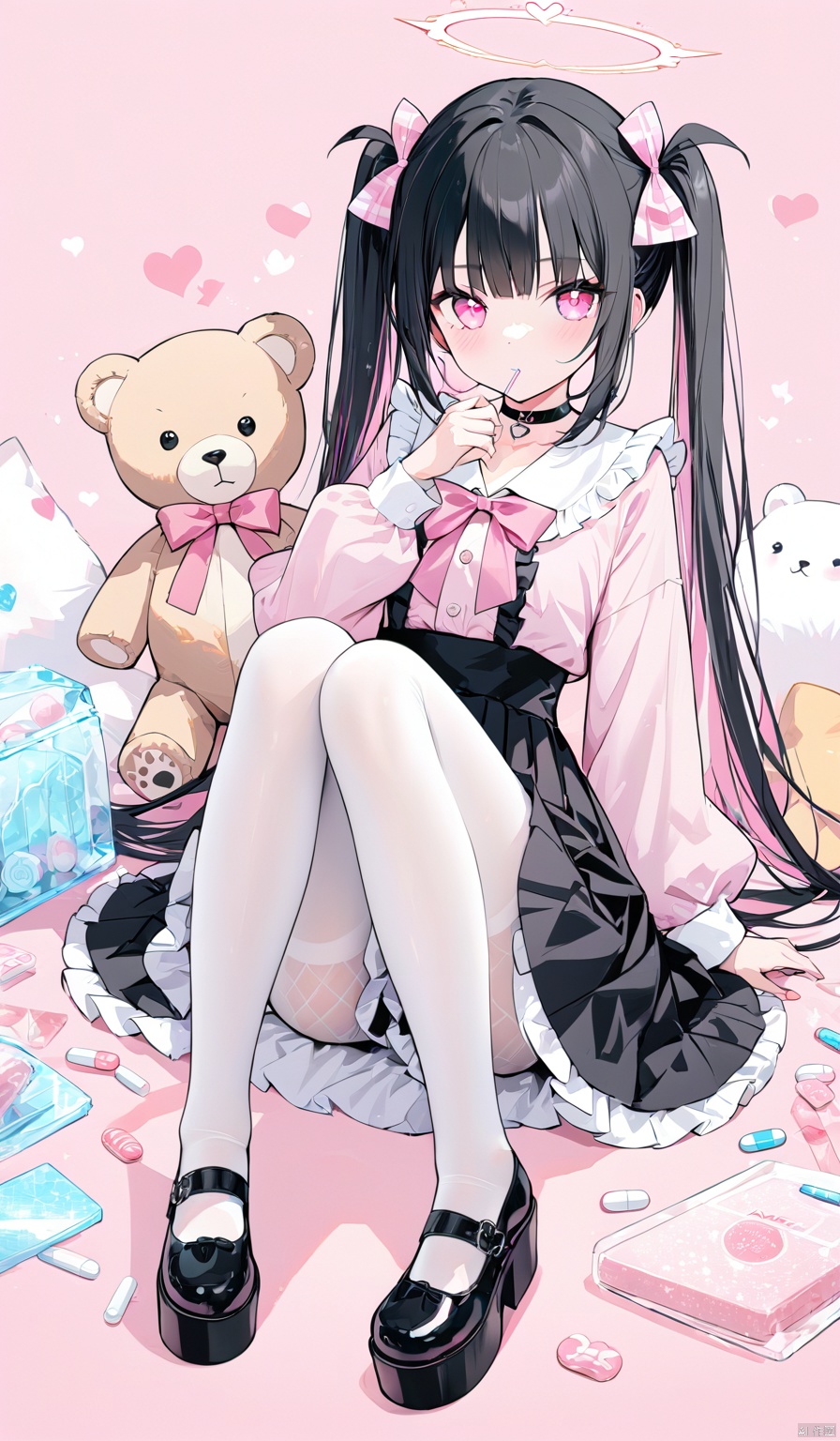 masterpiece,  best quality,  1girl,  solo,  long hair,  looking at viewer,  bangs,  skirt,  shirt,  black hair,  long sleeves,  bow,  ribbon,  twintails,  monochrome,  hair bow,  heart,  pantyhose,  frills,  food,  shoes,  choker,  blunt bangs,  black skirt,  pink eyes,  symbol-shaped pupils,  halo,  heart-shaped pupils,  stuffed toy,  pink background,  stuffed animal,  frilled skirt,  pink bow,  fishnets,  candy,  bandaid,  pink shirt,  teddy bear,  lollipop,  fishnet pantyhose, platform footwear,  pink theme,  pill,  jirai kei,  lam style, colorful hair, hiqcgbody, masterpiece,  best quality, holographic, holographic ccozy anime, moyou, AGM, soft, WhitePantyhose, 1girl