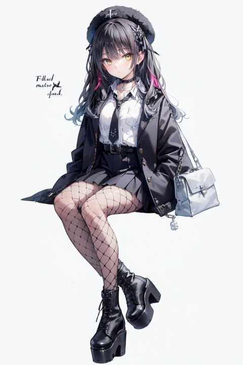  (masterpiece:1.2), best quality,PIXIV,Sweet girl ,1girl, fishnets, black hair, boots, long hair, black nails, skirt, shirt, solo, black footwear, bag, black skirt, jewelry, sitting, jacket, on head, black jacket, bangs, necktie, earrings, nail polish, white shirt, fishnet pantyhose, pantyhose, platform footwear, multicolored hair, looking at viewer, full body, bottle, own hands together, belt, jacket on shoulders, food, animal on head, black necktie, ring, choker, english text, collared shirt, grey eyes, platform boots, hat, cross-laced footwear, lace-up boots