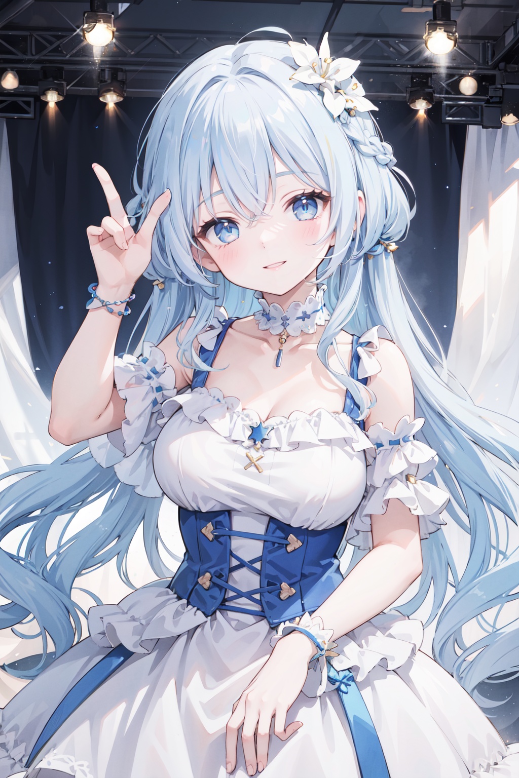  (1girl),thin,very long hair,(blue hair),white hair ends,big breasts,sea blue eyes,cowboy_shot,sweet dress,lean,✌,😜,(wink:1.3),(head tilt:1.2),fingersmile,masterpiece,best quality,official art,extremely detailed CG unity 8k wallpaper,white dress,happy,idol,stage,✨,💋, beautiful eyes