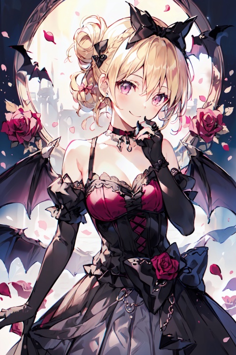  1girl\( demon_girl, (smile, hand to mouth:1.5), (angel ring, black bat wings:1.3), (beautiful face, beautiful detail face, cute and delicate face, delicate face, perfect face, golden ratio, golden ratio face:1.1), (updo, chignon, blonde hair, hair between eyes:1.5), (pink_eyes:1.3), (extreme detailed eyes, beautiful detailed eyes:1.2), (pink bow choker, bare shoulders, black elbow gloves:1.5), (black and red dress, pleated skirt, frilled, pink bow, yellow bow, gothic dress, long dress:1.4), (black silk stocking:1.2) \), 

perfect body, breasts, large breasts, cleavage, slender waistline, slim legs, (high detail skin, natural skin texture, real skin texture:1.1), (high resolution, 8k, incredible quality, best quality, ultra-detailed, highly detailed, masterpiece:1.2), illustration, solo, PIXIV, 

(gothic fantasy, gothic art, gothic fashion, gothic theme:1.5), (sea of red roses:1.3), (flowers (innocent grey), flower_petals, flying_petals:1.2), fairyland, qzclothesdesign, masterpiece