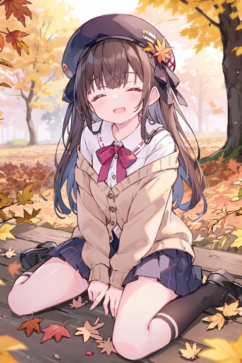  1girl, smile, pleated skirt,solo, long hair, off shoulder, brown eyes, autumn leaves,open mouth, (puffy long sleeves), beret, brown hair, puffy sleeves, open cardigan, autumn, hair ribbon, maple leaves, outdoors,falling leaves,(from below,wide shot,panorama,depth of field,full body,mid shot,English text),(hand on chests),sitting,half closed eyes,tilt