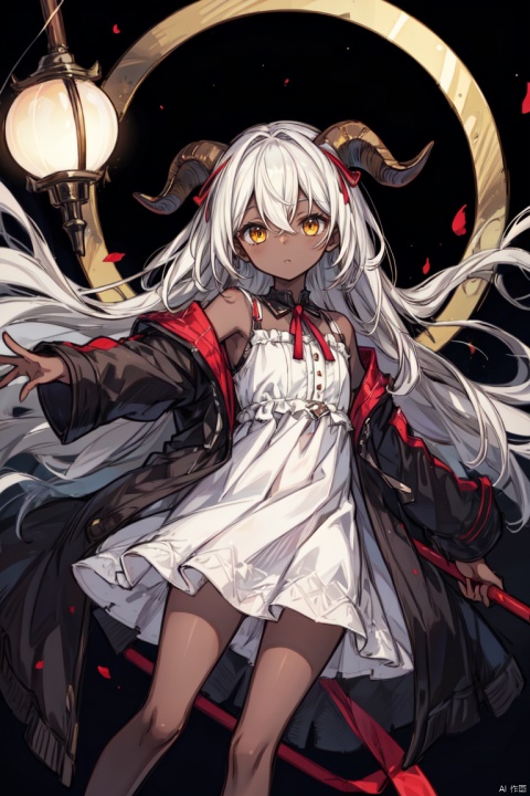  1girl, solo, horns, dress, animal_ears, dark-skinned_female, yellow_eyes, dark_skin, white_hair, white_dress, looking_at_viewer, goat_horns, staff, open_clothes, off-shoulder_dress, black_ribbon, holding, off_shoulder, holding_staff, elite_ii_\(arknights\), jacket, black_jacket, long_hair, outstretched_arms, long_sleeves, leg_ribbon, goat_ears, open_jacket, hair_between_eyes, ribbon, bangs, closed_mouth, black_coat,bare_shoulders
负向提示