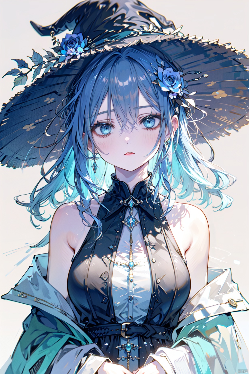  1girl, blue_flower, flower, rose, solo, blue_eyes, hat, blue_rose, breasts, black_background, looking_at_viewer, sleeveless, white_headwear, upper_body, blue_hair, bare_shoulders, light_blue_hair, witch_hat, bangs, simple_background, medium_breasts, hair_between_eyes, large_breasts, shirt, guoflinke