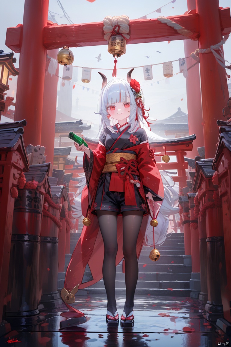  1girl, red_eyes, shide, bottle, flower, solo, white_hair, hair_ornament, holding, bird, bell, white pantyhose, shorts,  red_flower, hair_bell, black_shorts, looking_at_viewer, holding_bottle, breasts, wide_sleeves, horns, smile, lantern, outdoors, rope, cup, sakazuki, signature, white pantyhose, multicolored_hair, food, jingle_bell, red_hair, long_sleeves, japanese_clothes, sake_bottle, torii, holding_cup