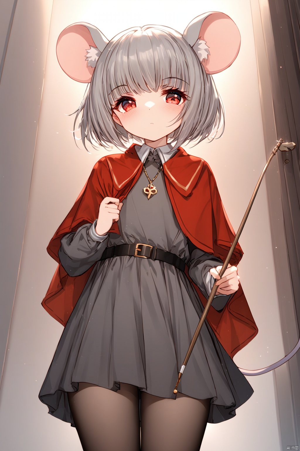  (masterpiece),(best quality),illustration,ultra detailed,hdr,Depth of field,(colorful), 1girl, nazrin, solo, best quality, simple background, looking at viewer, holding, blush, mouse tail, mouse ears, closed mouth, animal ear fluff, red eyes, grey hair, short hair, bangs, black pantyhose, grey dress, black dress, long sleeves, belt, dowsing rod, capelet, pendant,