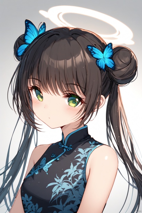  (masterpiece),(best quality),illustration,ultra detailed,hdr,Depth of field,(colorful), 1girl, solo, best quality, white background, simple background, grey background, upper body, looking at viewer, blush, closed mouth, green eyes, long hair, black hair, butterfly hair ornament, twintails, bangs, double bun, side bun, china dress, black gloves, black dress, sleeveless dress, halo, bare shoulders, own hands together