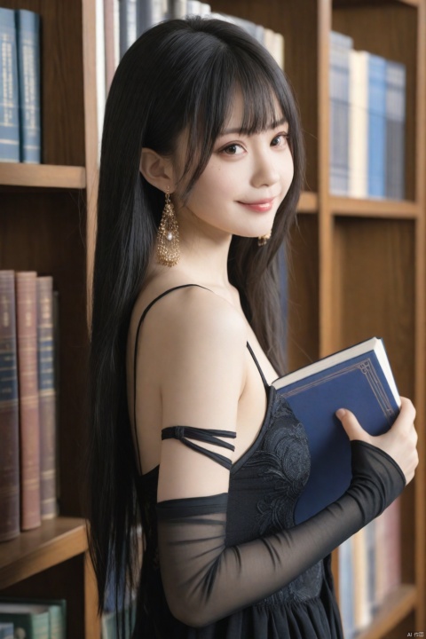  masterpiece,Realism,best quality,loli,realistic,,depth of field, 
1girl, solo, best quality, from side, upper body, looking at viewer, holding book, smile, mole under mouth, closed mouth, purple eyes, mole under eye, long hair, green hair, black hair, bangs, breasts, black dress, elbow gloves, bare shoulders, detached sleeves, earrings, bookshelf, bridal gauntlets, library, indoors