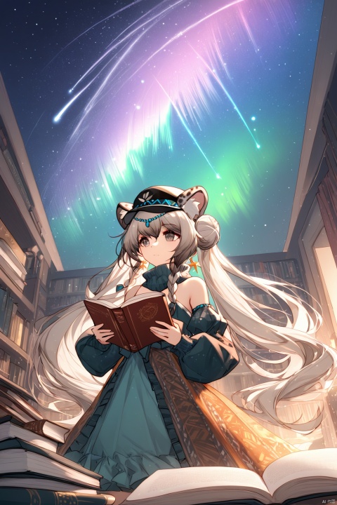  (masterpiece),(best quality),illustration,ultra detailed,hdr,Depth of field,(colorful),1girl, pramanix (arknights), solo, best quality, holding book, leopard ears, closed mouth, grey eyes, very long hair, braid, hair bun, twintails, dress, hat, bare shoulders, detached sleeves, long sleeves, puffy sleeves, white ribbon, earrings, indoors, star (sky), starry sky print, space, light particles, constellation, shooting star, night sky, open book, fireworks, planet, bow, aurora, galaxy