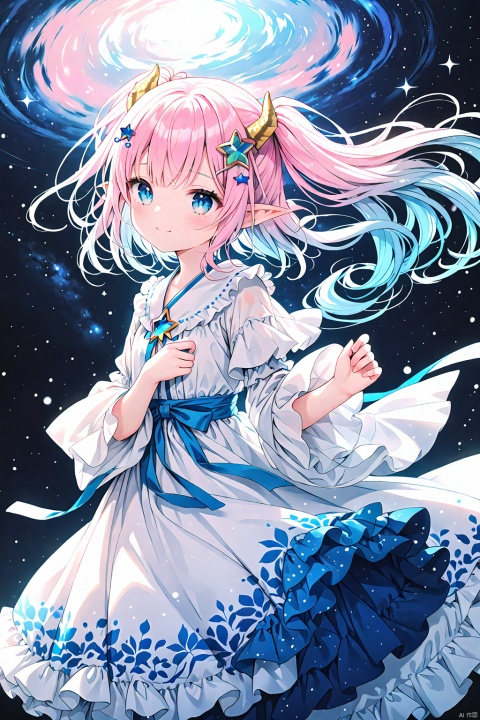 (masterpiece), (best quality), illustration, ultra detailed, hdr, Depth of field, (colorful),(shy), (Innocent), (Yuta:1.0), (circle gown), (Wide sleeves), less light, (star accessory on gown), (hair accessory), (layered), (point particles), (hair pins:), (on wind), Medium hair, small breast, (Two ponytails), POINTY EARS, smoothing, (Hear jewel hair ornament), (beautiful), (blue eyes), space eyes, HD, extra detailed, smile, (Cute), (solo), hair above cheeks), (white dragon horns), Small Medium chest, (Light pink hair:1.2), (light blue hair:1.2), (Gradient hair:1.2), (Hanfu doll frilled dress:1.3)