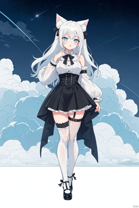 best quality,highly detailed,masterpiece,ultra-detailed,illustration,absurdres,big top sleeves,medium_breast,blue eyes,long hair,white hair,hair_bow,highres,1girl,beautiful detailed eyes,beautiful detailed starry sky,animal ear fluff ,{{furry}},full body,cloudy,comic,visible through hair,beautiful detailed sky,sky,day,cat_pose,lolita_fashion,cross-laced_footwear,thigh strap,leg_garter,thighhighs