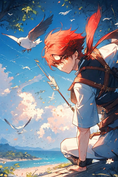  1boy, weapon, male focus, red hair, sword, bird, nature, bow \(weapon\), arrow \(projectile\)