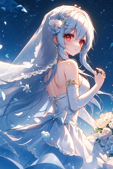 1girl, solo, long hair, breasts, looking at viewer, bangs, hair ornament, red eyes, dress, bare shoulders, jewelry, very long hair, flower, white hair, detached sleeves, sky, hair flower, white dress, from side, night, rose, ring, white flower, star \(sky\), night sky, veil, wedding dress, wedding ring, bridal veil