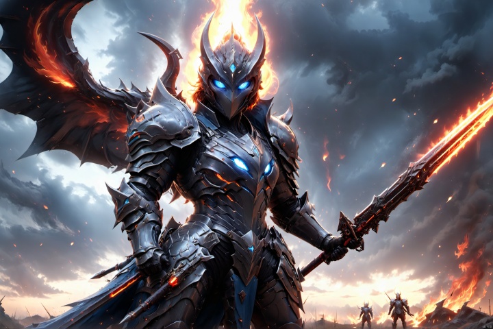 solo, holding, standing, weapon, outdoors, sky, sword, holding weapon, gun, no humans, glowing, knight, glowing eyes, lamppost, fog, gray sky, blue eyes, holding a spear, riding an armored demon horse, Wielding sword, Infernal style,blue fire, horse