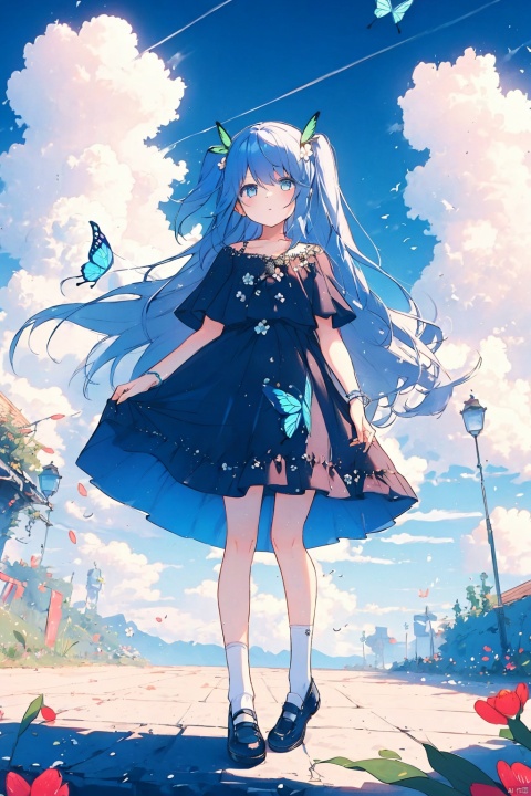 1girl, solo, long hair, looking at viewer, blue eyes, dress, very long hair, blue hair, standing, flower, outdoors, sky, shoes, day, socks, cloud, two side up, bug, white socks, butterfly