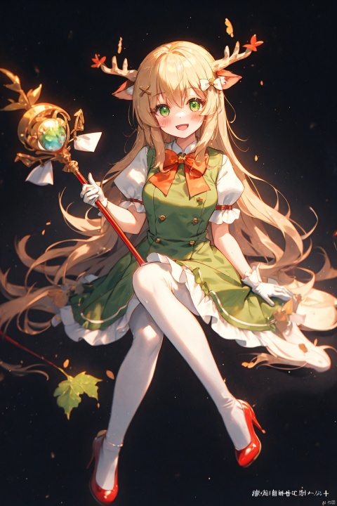 1girl, solo, long hair, looking at viewer, blush, smile, open mouth, bangs, blonde hair, simple background, gloves, dress, bow, holding, animal ears, sitting, green eyes, full body, short sleeves, :d, hair bow, pantyhose, frills, shoes, artist name, white gloves, grey background, high heels, leaf, watermark, staff, black background, red footwear, yellow bow, green bow, white pantyhose, green dress, holding staff, antlers, deer ears, focuseyes, cozy animation scenes
