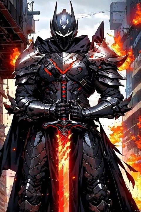 solo, 1boy, holding, weapon, male focus, sword, cape, holding weapon, armor, holding sword, helmet, fire, shoulder armor, gauntlets, pauldrons, breastplate, thumbs up, knight, full armor,embers,怪物, FanSe, cyberpunk
