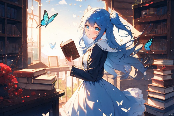  1girl, solo, long hair, bangs, blue eyes, skirt, shirt, long sleeves, dress, blue hair, standing, parted lips, indoors, hand up, two side up, book, window, floating hair, bug, butterfly, bookshelf, book stack, library, white butterfly