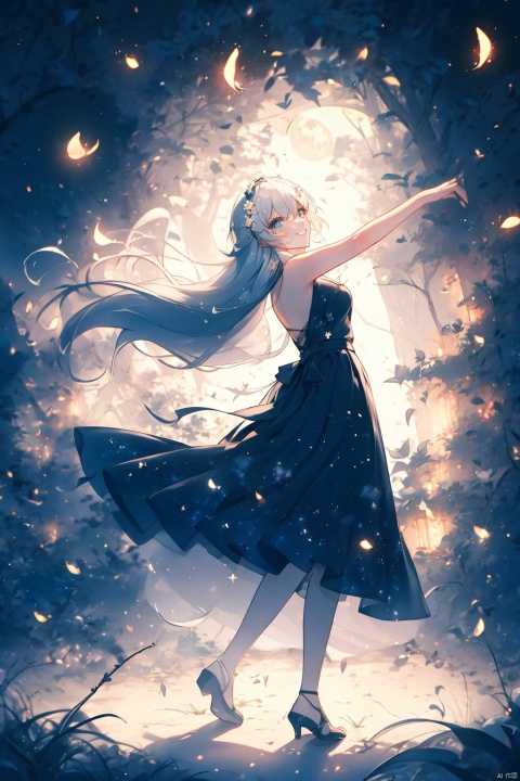 Wearing a long and colorful dress, she danced in the moonlight, surrounded by flickering fireflies. Her long silver hair drew elegant arcs in the air as she danced. Her eyes contained stars, and her smile revealed Mysterious and gentle. The picture uses soft color transitions and combines modern and classical elements to create a surreal dreamy atmosphere. Remember to add delicate light and shadow effects on the skirt and fireflies to make the picture more vivid.