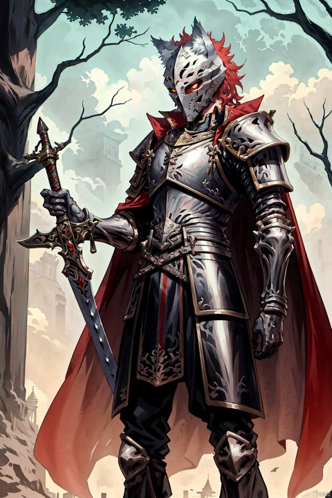 solo, 1boy, holding, weapon, male focus, sword, cape, holding weapon, armor, animal, traditional media, holding sword, helmet, shoulder armor, gauntlets, pauldrons, breastplate, over shoulder, weapon over shoulder, bare tree, wolf, knight, full armor, greatsword, plume