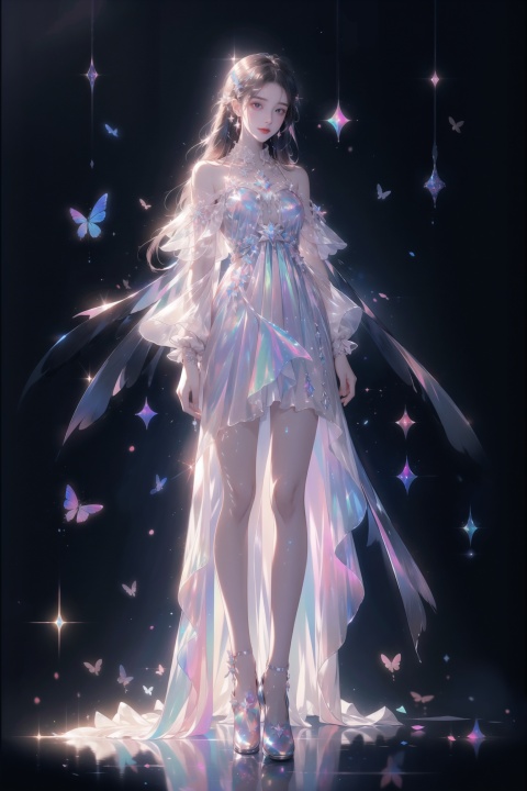 masterpiece, best quality,highres, 1girlï¼stars in the eyes, opalescence dress, white dress,  holographic plastic, liuli2,chromatic dispersion, coloured glaze, Polychromatic prism effect,  iridescence, glowing light,  ,  , full body