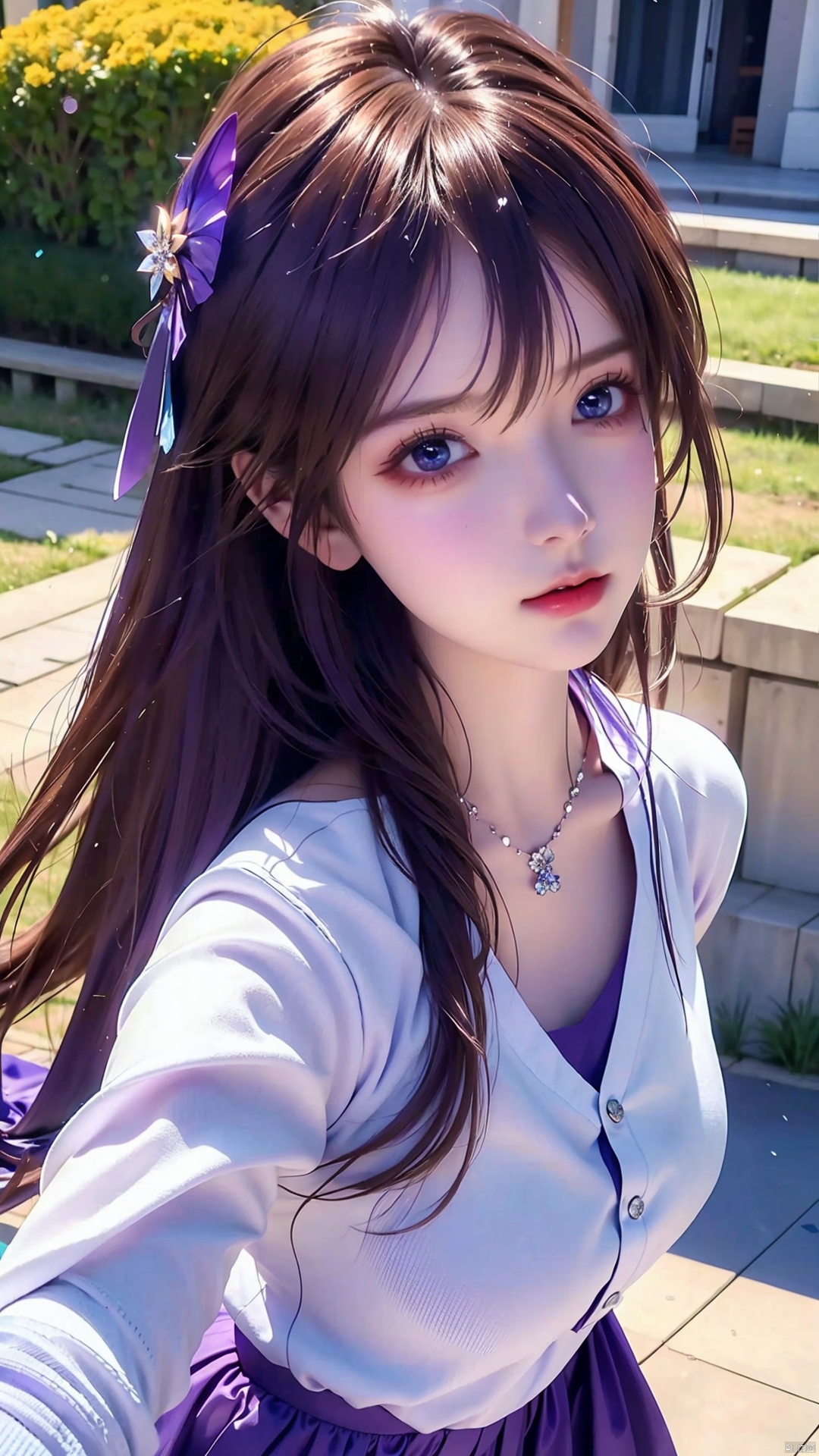  1 girl, purple hair, (brown eyes), (extremely exquisite and beautiful), ((purple and blue clothes)),meteor, meteor shower, (super large moon), (blue moon), comet, flower sea, many flowers, flower sea facing the audience, front, solo, butterfly, flying butterfly, There are many butterflies,butterfly hair flower, perspective, half skirt, dreamy light, (8k, RAW photo, best quality, masterpiece: 1.2), (realistic, photo fidelity: 1.3), Ultra fine, ultra fine cg 8k wallpaper, (crystal textured skin: 1.2), white sweater, xuxin, 1girl