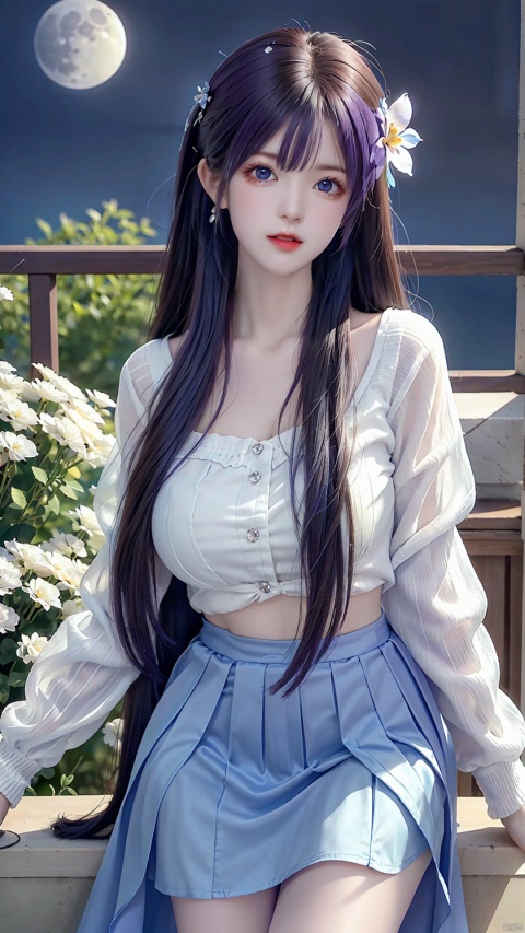  1 girl, purple hair, (brown eyes), (extremely exquisite and beautiful), ((purple and blue clothes)),meteor, meteor shower, (super large moon), (blue moon), comet, flower sea, many flowers, flower sea facing the audience, front, solo, butterfly, flying butterfly, There are many butterflies,butterfly hair flower, perspective, half skirt, dreamy light, (8k, RAW photo, best quality, masterpiece: 1.2), (realistic, photo fidelity: 1.3), Ultra fine, ultra fine cg 8k wallpaper, (crystal textured skin: 1.2), white sweater, xuxin, 1girl, senlin
