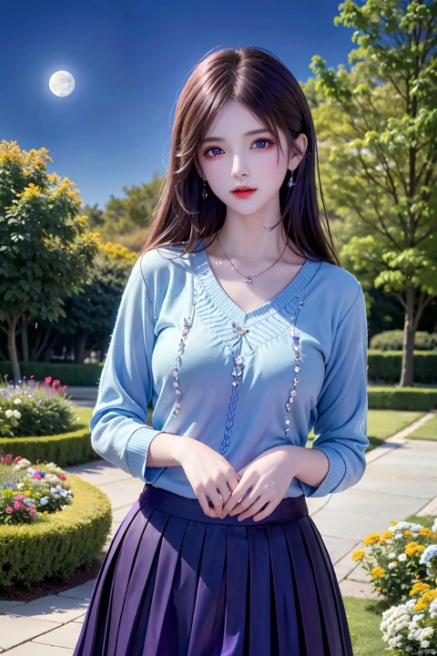  1 girl, purple hair, (brown eyes), (extremely exquisite and beautiful), ((purple and blue clothes)),meteor, meteor shower, (super large moon), (blue moon), comet, flower sea, many flowers, flower sea facing the audience, front, solo, butterfly, flying butterfly, There are many butterflies,butterfly hair flower, perspective, half skirt, dreamy light, (8k, RAW photo, best quality, masterpiece: 1.2), (realistic, photo fidelity: 1.3), Ultra fine, ultra fine cg 8k wallpaper, (crystal textured skin: 1.2), white sweater, xuxin, 1girl