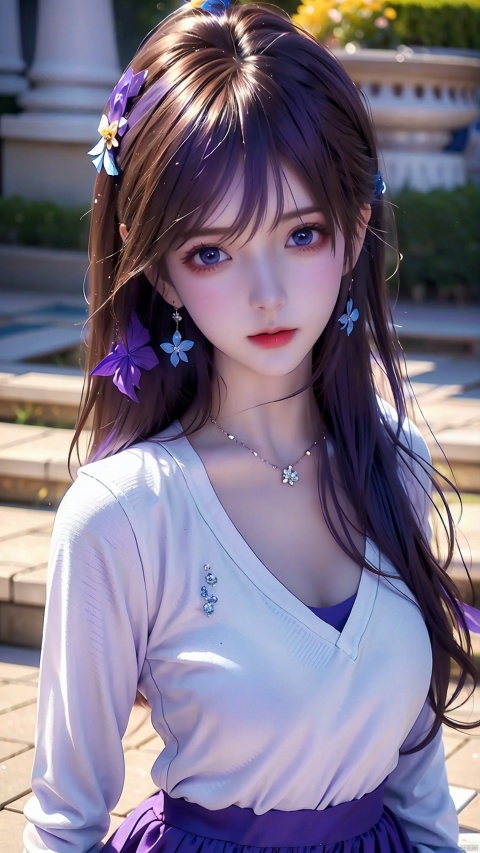  1 girl, purple hair, (brown eyes), (extremely exquisite and beautiful), ((purple and blue clothes)),meteor, meteor shower, (super large moon), (blue moon), comet, flower sea, many flowers, flower sea facing the audience, front, solo, butterfly, flying butterfly, There are many butterflies,butterfly hair flower, perspective, half skirt, dreamy light, (8k, RAW photo, best quality, masterpiece: 1.2), (realistic, photo fidelity: 1.3), Ultra fine, ultra fine cg 8k wallpaper, (crystal textured skin: 1.2), white sweater, xuxin, 1girl