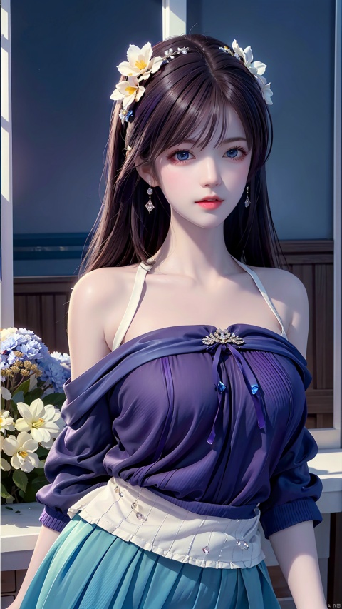  1 girl, purple hair, (brown eyes), (extremely exquisite and beautiful), ((purple and blue clothes)),meteor, meteor shower, (super large moon), (blue moon), comet, flower sea, many flowers, flower sea facing the audience, front, solo, butterfly, flying butterfly, There are many butterflies,butterfly hair flower, perspective, half skirt, dreamy light, (8k, RAW photo, best quality, masterpiece: 1.2), (realistic, photo fidelity: 1.3), Ultra fine, ultra fine cg 8k wallpaper, (crystal textured skin: 1.2), white sweater, xuxin, 1girl