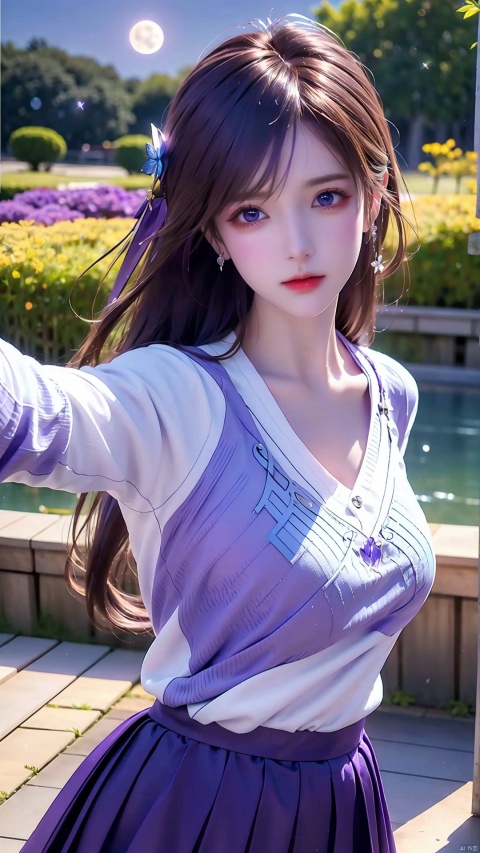  1 girl, purple hair, (brown eyes), (extremely exquisite and beautiful), ((purple and blue clothes)),meteor, meteor shower, (super large moon), (blue moon), comet, flower sea, many flowers, flower sea facing the audience, front, solo, butterfly, flying butterfly, There are many butterflies,butterfly hair flower, perspective, half skirt, dreamy light, (8k, RAW photo, best quality, masterpiece: 1.2), (realistic, photo fidelity: 1.3), Ultra fine, ultra fine cg 8k wallpaper, (crystal textured skin: 1.2), white sweater, xuxin, 1girl