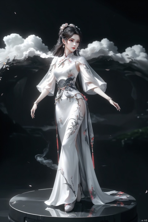  masterpiece, Low quality,((1girl)),in a realistic and 3D rendered style, meidusha, yue , hair ornament , hanfu, hydress-hair ornaments, ((poakl)), qingyi,hair ornament,full body, xianjing hanfu crane, chang, hand101,Xiuhe wedding dress, traditional chinese ink painting,cloud smoke, SGNX, hand101,hair ornament