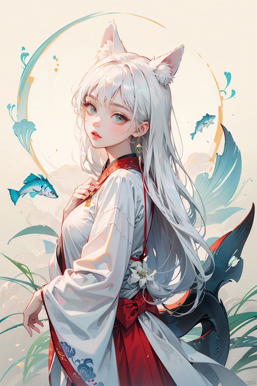 ((4k,masterpiece,best quality)), shuimobysim, traditional chinese ink painting, lotus, hanfu, maxiskit, dress conservatively 1 girl, solo, white hair, long hair, fox ears, white, bikini, fish, many fish near girl, look at viewer, tease
