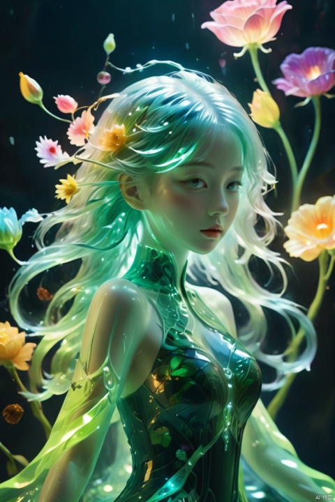  (ultra-detailed), (masterpiece: 1.2),A neon girl with glowing coloured hair, in dark green gown, in the style of mixes realistic and fantastical elements,(surrounded by flowers:1.1), (stylish_pose:1.5),ethereal nature scenes, Vibrant colours, abstract forms, surreal,full_body, UHD image, made of insects, luminosity of water ,wallpaper,perfect lighting