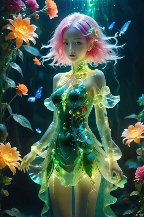  (ultra-detailed), (masterpiece: 1.2),A neon girl with glowing coloured hair, in dark green gown, in the style of mixes realistic and fantastical elements,(surrounded by flowers:1.1), (stylish_pose:1.5),ethereal nature scenes, Vibrant colours, abstract forms, surreal,full_body, UHD image, made of insects, luminosity of water ,wallpaper,perfect lighting