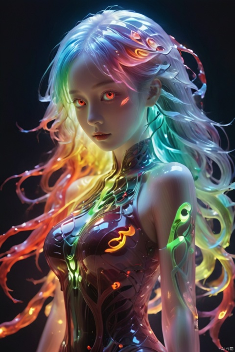 (Super detailed), (Masterpiece: 1.2), a neon girl with glowing rainbow colored hair, snake like pupils, terrifying eyes, wearing a red robe, a style that blends reality and fantasy elements, (Evil Spirit Surrounding: 1.1), (Style Photo: 1.5), terrifying natural scenes, covered with human bones, skulls, bones, skulls, skull torso, full of terrifying colors, abstract forms, surreal, full body, ultra-high definition images, made of insects, water brightness, wallpaper, perfect lighting