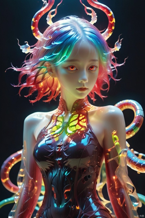(Super detailed), (Masterpiece: 1.2), a neon girl with glowing rainbow colored hair, snake like pupils, terrifying eyes, wearing a red robe, a style that blends reality and fantasy elements, (Evil Spirit Surrounding: 1.1), (Style Photo: 1.5), terrifying natural scenes, covered with human bones, skulls, bones, skulls, skull torso, full of terrifying colors, abstract forms, surreal, full body, ultra-high definition images, made of insects, water brightness, wallpaper, perfect lighting