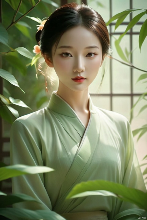 Subject: Asian woman Perspectives: Emphasize her serene demeanor amidst nature. Background: Lush greenery or tranquil water bodies. Style: Albert Watson-inspired minimalist composition. Rendering and Lighting: Soft, diffused sunlight casting gentle shadows. Picture Resolution: High-definition, capturing intricate details, WuLight, Ancient China_Indoor scenes, 1girl, cozy animation scenes