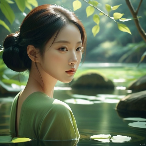 Subject: Asian woman Perspectives: Emphasize her serene demeanor amidst nature. Background: Lush greenery or tranquil water bodies. Style: Albert Watson-inspired minimalist composition. Rendering and Lighting: Soft, diffused sunlight casting gentle shadows. Picture Resolution: High-definition, capturing intricate details, WuLight, Ancient China_Indoor scenes, 1girl, cozy animation scenes