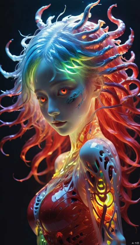 (Super detailed), (Masterpiece: 1.2), a neon girl with glowing rainbow colored hair, venomous snake like pupils, terrifying eyes, wearing a red robe, a mischievous expression, an evil smile, an evil face, a style that blends reality and fantasy elements, (Evil Spirit Surrounding: 1.1), (Style Photo: 1.5), terrifying natural scenes, covered with human bones, skulls, bones, skeletons, skull torso, full of terrifying colors, abstract forms, surreal, full body, ultra high definition images, made of insects, water brightness, wallpaper, perfect lighting