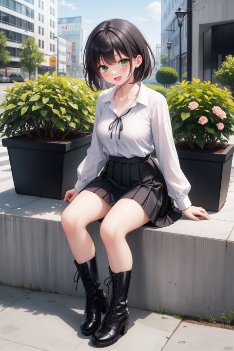  1girl, solo, breasts, looking at viewer, blush, smile, short hair, open mouth, bangs, skirt, shirt, black hair, long sleeves, medium breasts, sitting, green eyes, collarbone, full body, flower, :d, pleated skirt, boots, outdoors, day, miniskirt, black skirt, black footwear, black shirt, plant, cross-laced footwear, lace-up boots, potted plant,,high heels,miniskirt