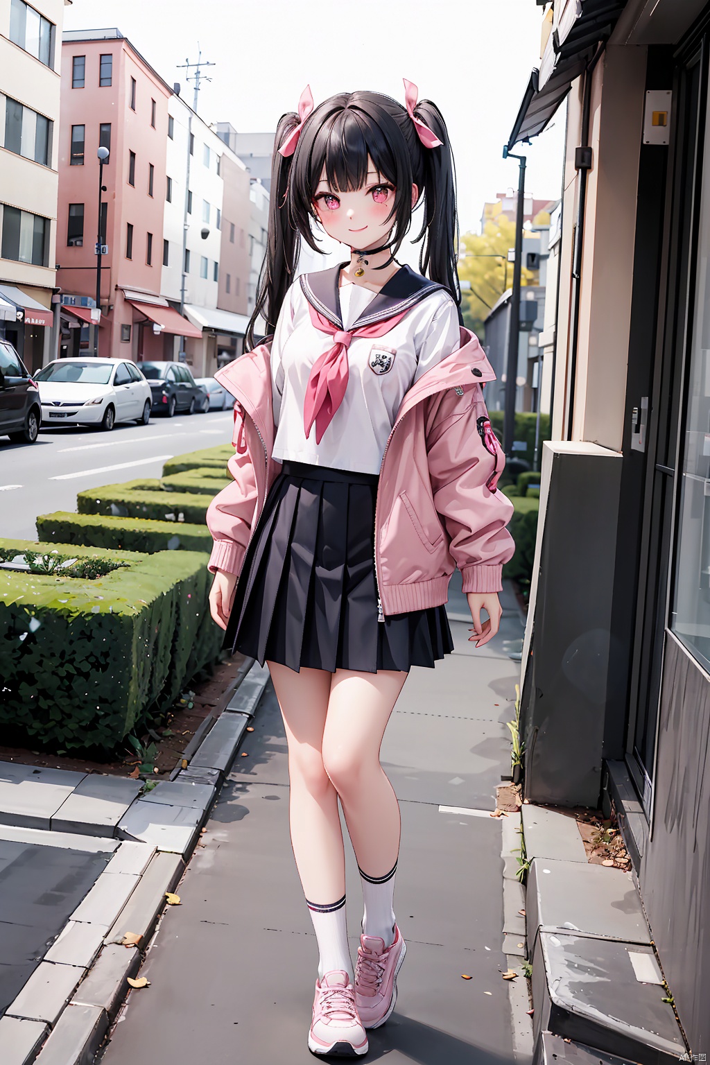  1girl, solo, long hair, breasts, looking at viewer, blush, smile, bangs, skirt, shirt, black hair, long sleeves, ribbon, twintails, school uniform, standing, jacket, full body, hair ribbon, white shirt, heart, pleated skirt, outdoors, open clothes, shoes, serafuku, choker, socks, hand up, black skirt, pink eyes, sailor collar, off shoulder, open jacket, neckerchief, symbol-shaped pupils, bare legs, black socks, sneakers, white sailor collar, pink jacket