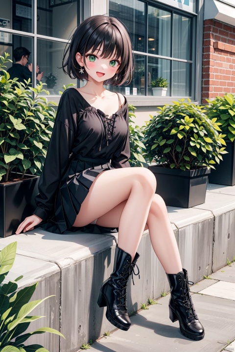  1girl, solo, breasts, looking at viewer, blush, smile, short hair, open mouth, bangs, skirt, shirt, black hair, long sleeves, medium breasts, sitting, green eyes, collarbone, full body, flower, :d, pleated skirt, boots, outdoors, day, miniskirt, black skirt, black footwear, black shirt, plant, cross-laced footwear, lace-up boots, potted plant,,high heels,miniskirt