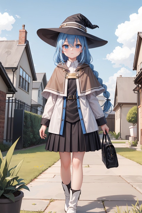 1girl, solo, long hair, looking at viewer, bangs, blue eyes, skirt, shirt, long sleeves, hat, holding, hair between eyes, closed mouth, blue hair, standing, white shirt, braid, pleated skirt, boots, outdoors, sky, day, socks, belt, cloud, black skirt, bag, cape, twin braids, blue sky, black headwear, witch hat, grass, plant, black socks, building, bubble, potted plant, holding bag, house, brown cape, roxy migurdia, LQX_CYQL,very long hair,twin braid,hair ribbon