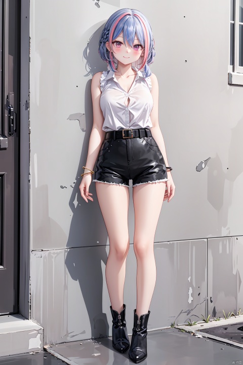 1girl, solo, Waist-length hair, Long hair, collarbone, jewelry, very long hair, Black hair, earrings, belt, pink eyes, two-tone hair, streaked hair,full body ,breasts, looking at viewer, blush, smile, bangs, shorts,Sleeveless, shirt, black hair, hair ornament, hair between eyes, closed mouth, underwear, white shirt, braid, thighs, multicolored hair, Booties, outdoors, day, collared shirt, belt, two-tone hair, streaked hair, high heels, feet,Knee-high socks,Stand against the wall,stand, bracelet,Purple hair, hiiragi yuzu,Black socks,Black hot pants,boots