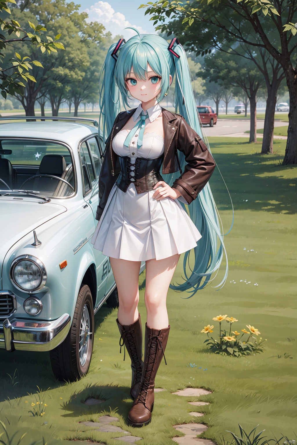  1girl, solo, long hair, breasts, looking at viewer, long sleeves, dress, ribbon, twintails, very long hair, closed mouth, green eyes, standing, full body, ahoge, boots, outdoors, day, bag, white dress, aqua eyes, two side up, tree, aqua hair, neck ribbon, brown footwear, knee boots, grass, ground vehicle, corset, cross-laced footwear, hands on hips, lace-up boots, hatsune miku,brown coat,miniskirt