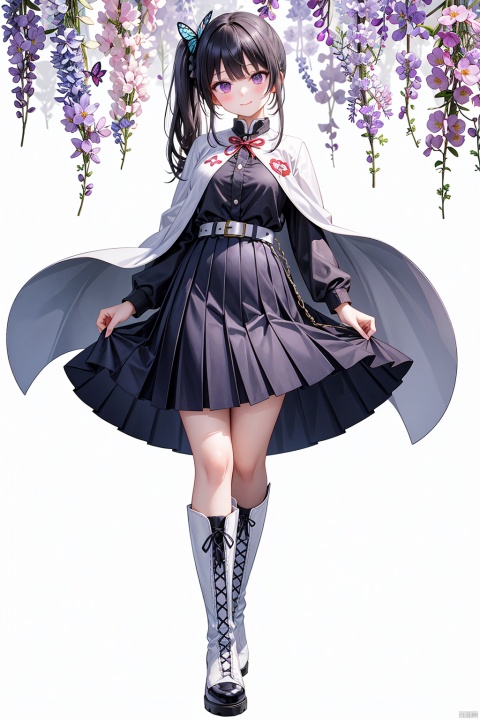  1girl, solo, long hair, breasts, looking at viewer, blush, smile, bangs, skirt, large breasts, black hair, hair ornament, long sleeves, closed mouth, underwear, standing, purple eyes, jacket, full body, pleated skirt, boots, belt, miniskirt, black skirt, cape, side ponytail, white footwear, knee boots, cross-laced footwear, lace-up boots, butterfly hair ornament, white cape, white belt, demon slayer uniform, tsuyuri kanao, miniskirt,high heels,Wisteria flowers, Tsuyuri_CYQL,butterfly hair,Short groups