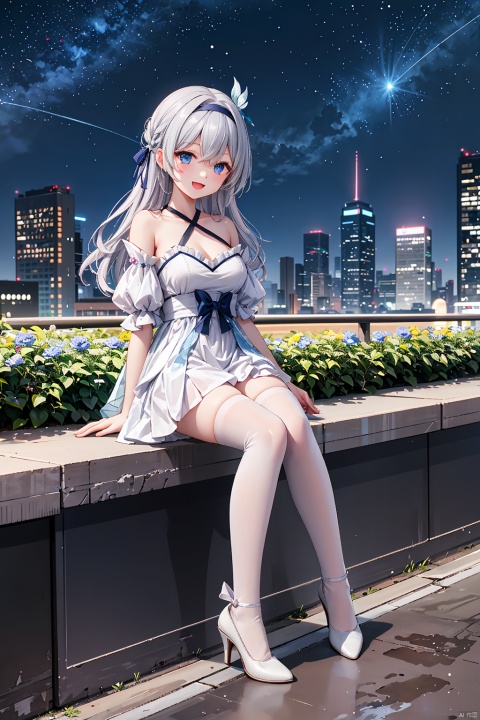 1girl, solo, long hair, breasts, looking at viewer, smile, open mouth, bangs, blue eyes, hair ornament, thighhighs, dress, ribbon, hair between eyes, bare shoulders, sitting, full body, hair ribbon, flower, ahoge, short sleeves, :d, grey hair, hairband, outdoors, detached sleeves, sky, puffy sleeves, white dress, high heels, white thighhighs, strapless, white footwear, building, strapless dress, between legs, blue flower, hand between legs, cityscape, firefly \(honkai: star rail\)