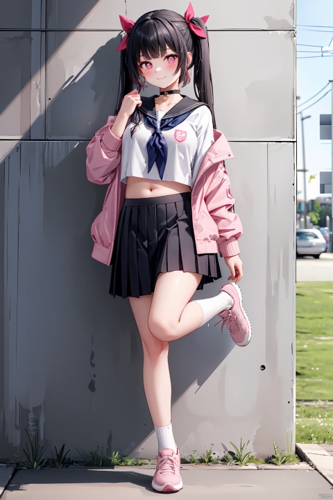 1girl, solo, long hair, breasts, looking at viewer, blush, smile, bangs, skirt, shirt, black hair, long sleeves, ribbon, twintails, school uniform, standing, jacket, full body, hair ribbon, white shirt, heart, pleated skirt, outdoors, open clothes, shoes, serafuku, choker, socks, hand up, black skirt, pink eyes, sailor collar, off shoulder, open jacket, neckerchief, symbol-shaped pupils, bare legs, black socks, sneakers, white sailor collar, pink jacket,Back to the wall,Expose your belly button,Stand on one foot against a wall