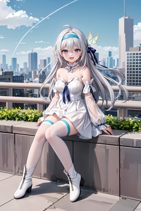 1girl, solo, long hair, breasts, looking at viewer, smile, open mouth, bangs, blue eyes, hair ornament, thighhighs, dress, ribbon, hair between eyes, bare shoulders,  full body, hair ribbon, flower, ahoge, short sleeves,  grey hair, hairband, outdoors, detached sleeves, sky, puffy sleeves, white dress, high heels, white boots, strapless, white footwear, building, strapless dress, between legs, blue flower, hand between legs, cityscape, firefly \(honkai: star rail\),ankle boot, firefly,1girl, solo, long hair, breasts, looking at viewer, smile, open mouth, bangs, blue eyes, hair ornament, thighhighs, dress, ribbon, hair between eyes, bare shoulders, sitting, full body, hair ribbon, flower, ahoge, short sleeves, :d, grey hair, hairband, outdoors, detached sleeves, sky, puffy sleeves, white dress, high heels, white boots, strapless, white footwear, building, strapless dress, between legs, blue flower, hand between legs, cityscape, firefly \(honkai: star rail\),ankle boot, firefly \(honkai: star rail\), long sleeves,Bare leg,Bare leg, long sleeves,Stand with your back against the wall, long sleeves